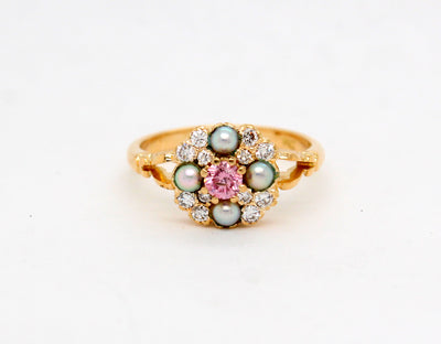 Estate 18KY 2.4 mm Pearls and .30 Cttw Pink and White Diamond Ring