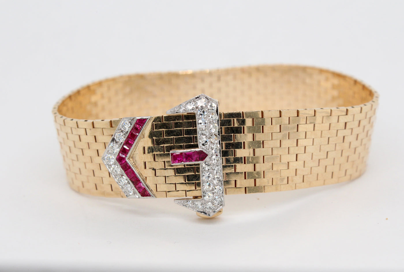 Estate 14KY .50 Cttw Ruby and 1.25 Cttw Diamond Mesh Bracelet